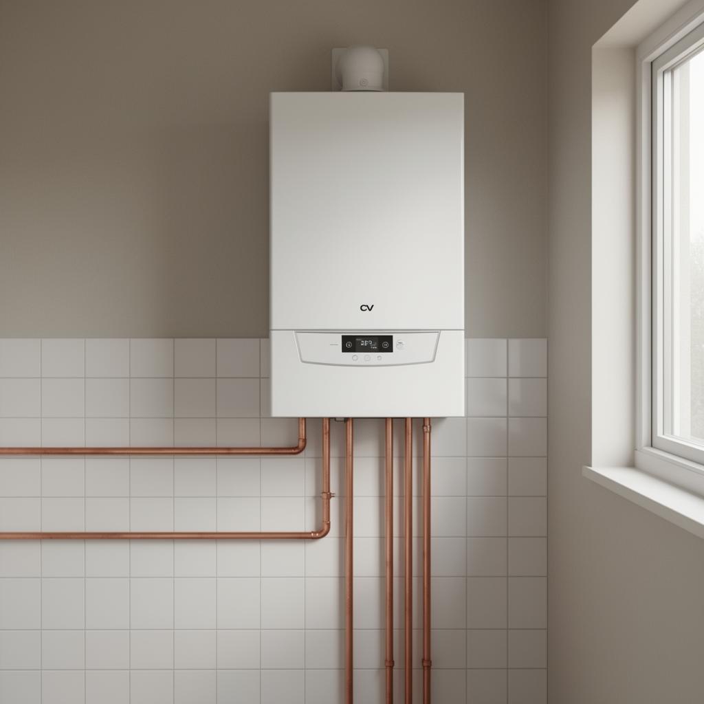 Installateur monteert een nieuwe CV-ketel met strakke koperen leidingen