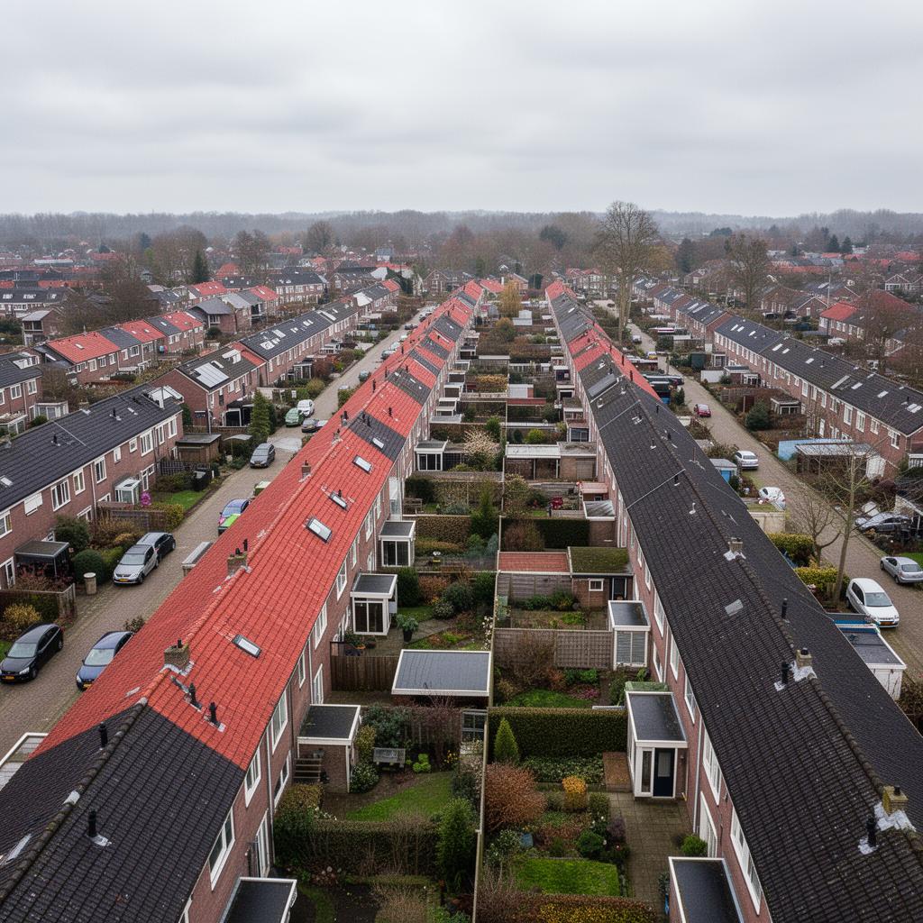Luchtfoto van een Nederlandse woonwijk in Veenendaal met rijen woningen en pannendaken